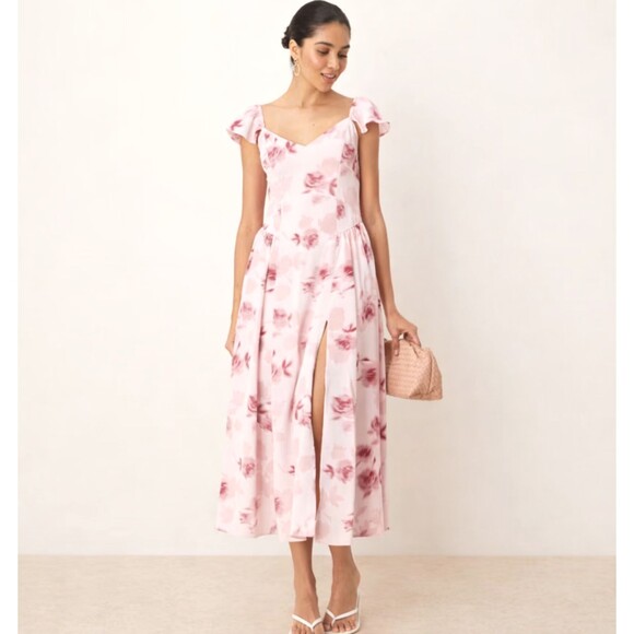 Abercrombie Fitch Pink Floral Maxi Dress XL Open Back Flutter Sleeve Slit Zipper - Picture 3 of 13